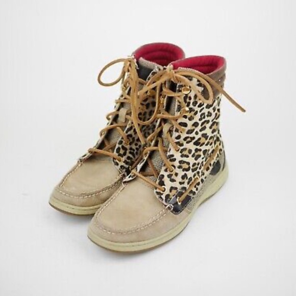 Sperry Hikerfish leopard print calf hair and leather lace up boots size … - Picture 1 of 14